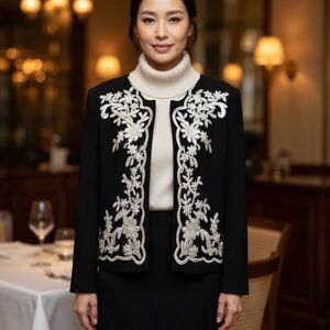 Saks Fifth Avenue Black Blazer with White Embroidery